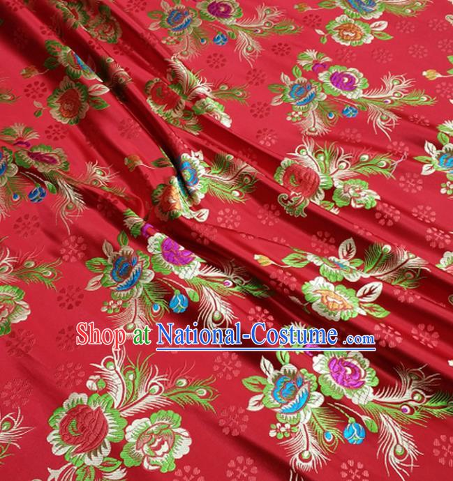 Chinese Traditional Tang Suit Royal Feather Peony Pattern Red Brocade Satin Fabric Material Classical Silk Fabric