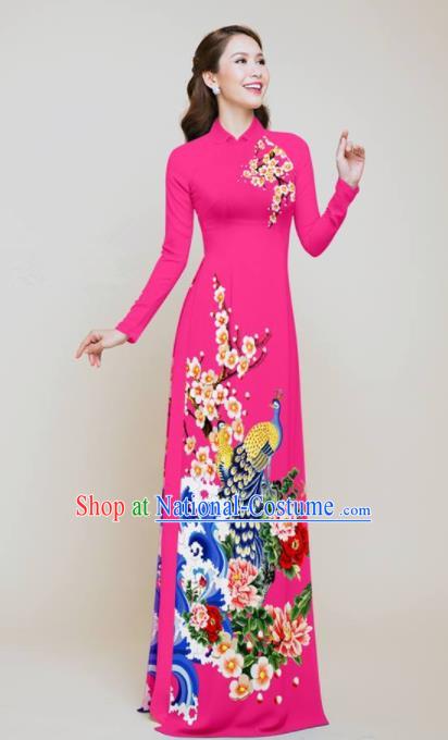 Vietnam Traditional Printing Peacock Peony Rosy Aodai Cheongsam Asian Vietnamese Bride Classical Qipao Dress for Women