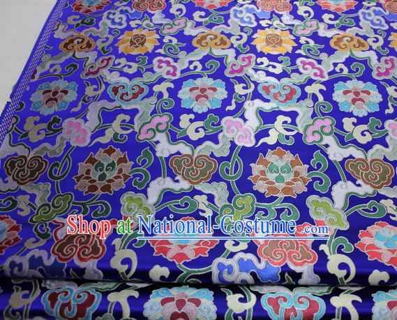 Chinese Traditional Fabric Royal Lotus Pattern Royalblue Brocade Material Hanfu Classical Satin Silk Fabric