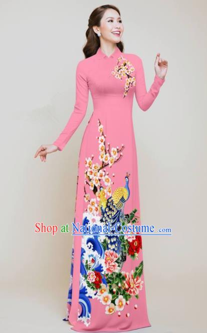 Vietnam Traditional Printing Peacock Peony Pink Aodai Cheongsam Asian Vietnamese Bride Classical Qipao Dress for Women