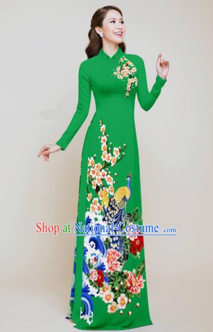 Vietnam Traditional Printing Peacock Peony Green Aodai Cheongsam Asian Vietnamese Bride Classical Qipao Dress for Women