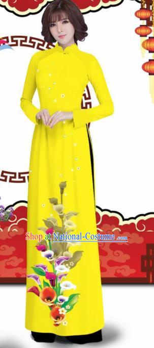 Vietnam Traditional Printing Alocasia Yellow Aodai Qipao Dress Asian Vietnamese Bride Classical Cheongsam for Women