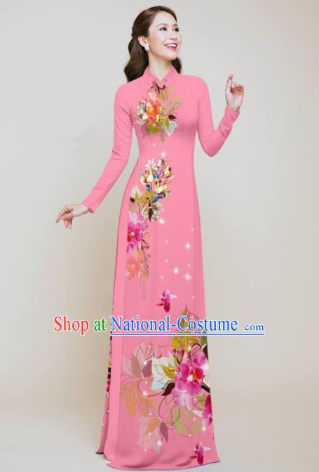 Vietnam Traditional Printing Flowers Pink Aodai Qipao Dress Asian Vietnamese Bride Classical Cheongsam for Women