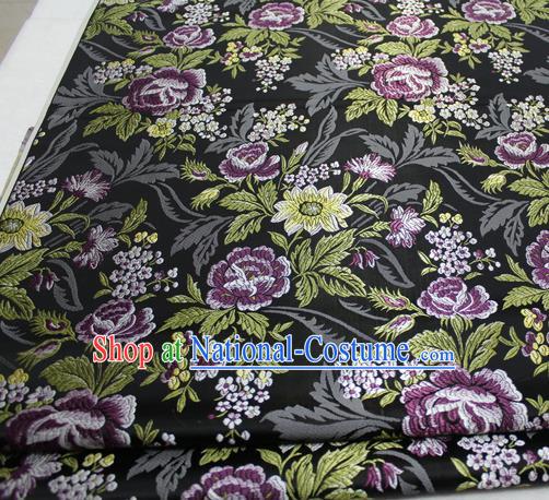 Asian Chinese Traditional Tang Suit Royal Peony Flowers Pattern Black Brocade Satin Fabric Material Classical Silk Fabric