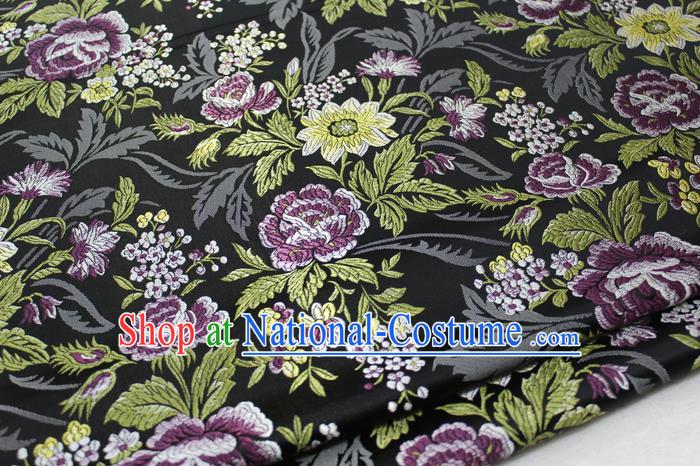 Asian Chinese Traditional Tang Suit Royal Peony Flowers Pattern Black Brocade Satin Fabric Material Classical Silk Fabric