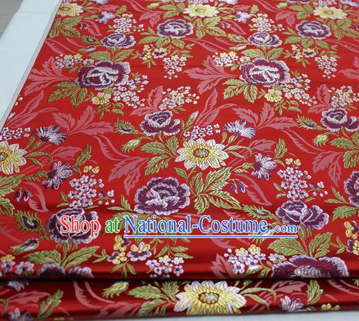 Asian Chinese Traditional Tang Suit Royal Peony Flowers Pattern Red Brocade Satin Fabric Material Classical Silk Fabric