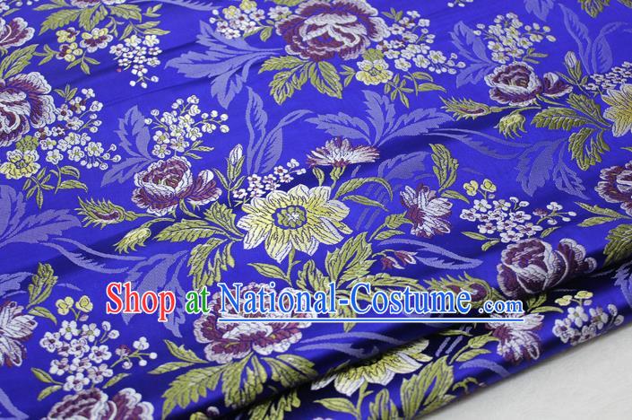 Asian Chinese Traditional Tang Suit Royal Peony Flowers Pattern Royalblue Brocade Satin Fabric Material Classical Silk Fabric