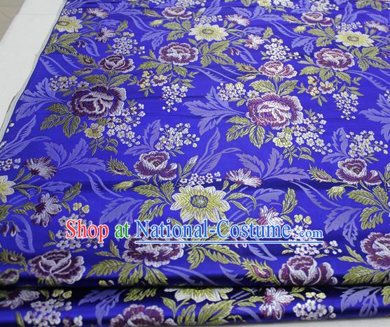 Asian Chinese Traditional Tang Suit Royal Peony Flowers Pattern Royalblue Brocade Satin Fabric Material Classical Silk Fabric