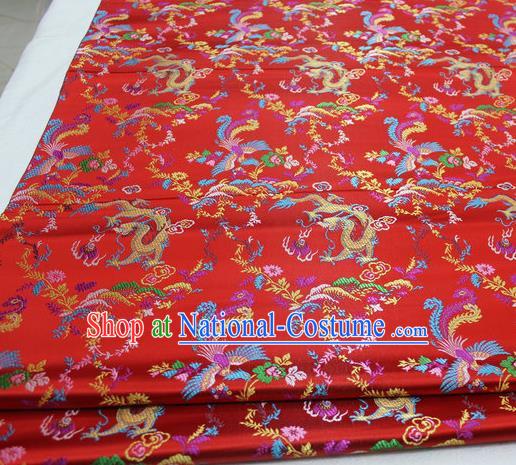 Asian Chinese Traditional Classical Dragon Phoenix Pattern Red Brocade Tang Suit Satin Fabric Material Classical Silk Fabric