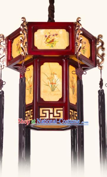 Chinese Traditional Wood Hanging Lantern Handmade New Year Ink Painting Palace Lanterns Ceiling Lamp