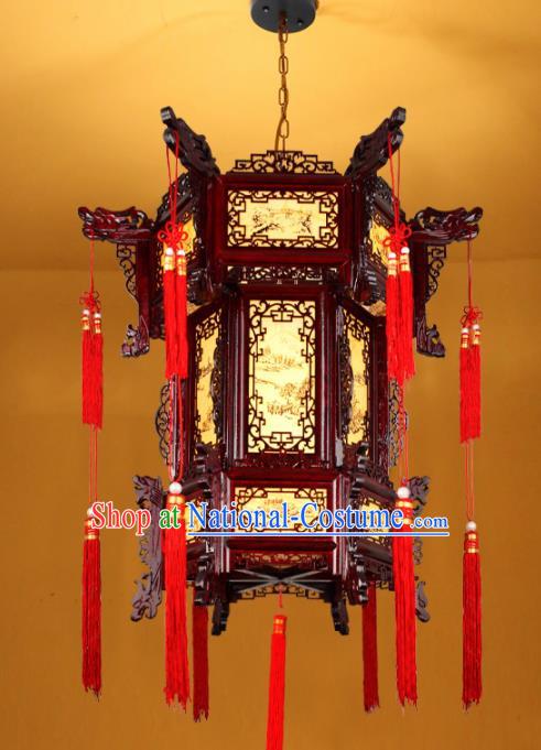 Chinese Traditional Handmade Red Tassel Wood Carving Palace Lantern Classical Hanging Lanterns Ceiling Lamp