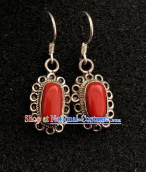 Traditional Chinese Mongol Nationality Red Stone Sliver Ear Accessories Mongolian Ethnic Earrings for Women