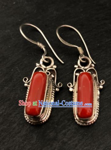 Traditional Chinese Mongol Nationality Red Ear Accessories Mongolian Ethnic Sliver Earrings for Women