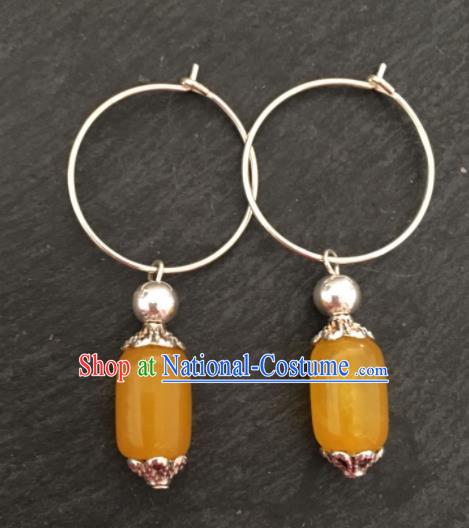 Chinese Mongol Nationality Yellow Chalcedony Ear Accessories Traditional Mongolian Ethnic Earrings for Women