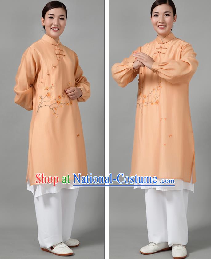 Traditional Chinese Martial Arts Printing Plum Blossom Orange Costume Tai Ji Kung Fu Competition Clothing for Women