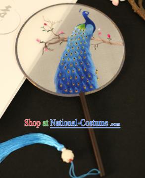 Chinese Traditional Embroidered Blue Peacock Round Fans Classical Hanfu Palace Fans for Women