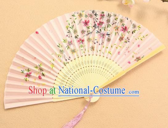 Chinese Traditional Folding Fans Classical Printing Flowers Pink Accordion Silk Fans for Women