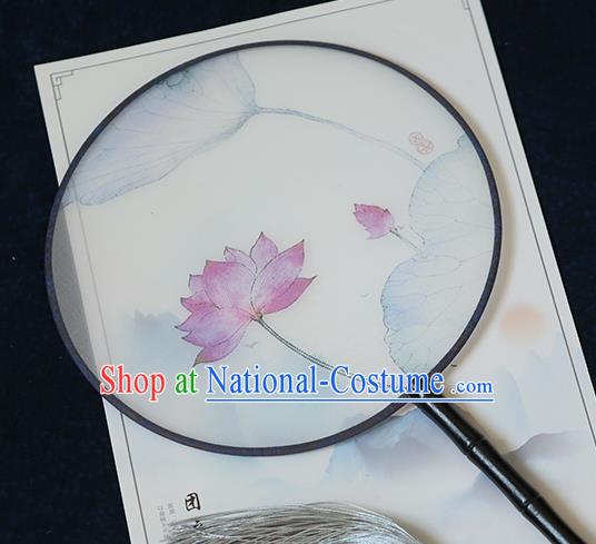 Chinese Traditional Printing Red Lotus Silk Round Fans Classical Hanfu Palace Fans for Women