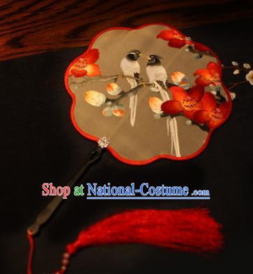 Handmade Chinese Traditional Embroidered Red Flowers Silk Fans Classical Palace Fans for Women