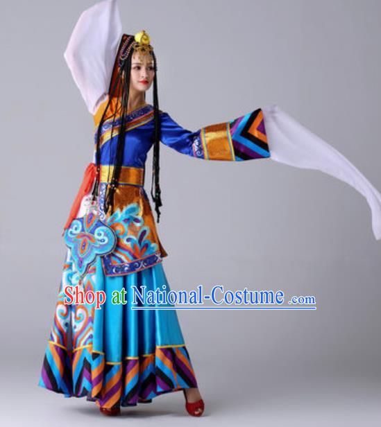 Chinese Traditional Ethnic Costume Zang Nationality Princess Folk Dance Blue Dress for Women