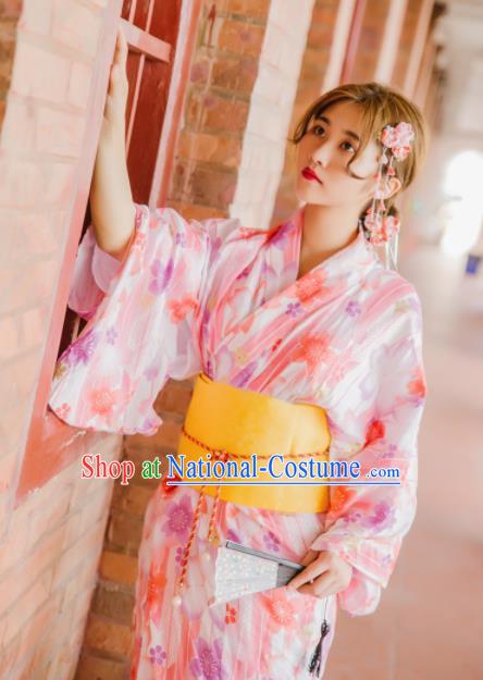 Japanese Traditional Handmade Printing Kimono Pink Dress Asian Japan Geisha Yukata Costume for Women