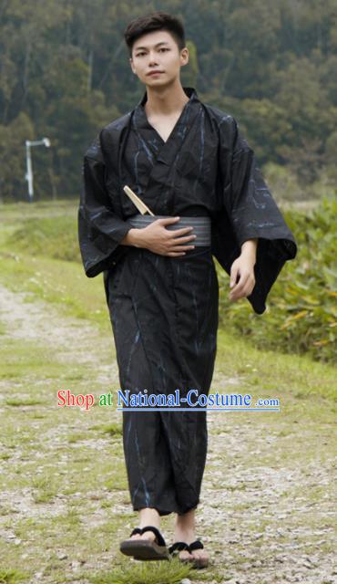 Japanese Traditional Handmade Printing Black Kimono Robe Asian Japan Yukata Costume for Men