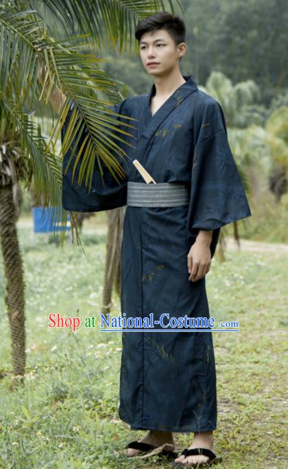 Japanese Traditional Handmade Printing Navy Kimono Robe Asian Japan Yukata Costume for Men