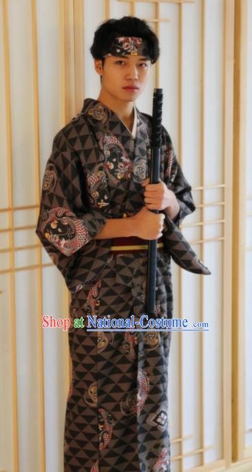 Japanese Traditional Samurai Printing Dragons Black Kimono Robe Asian Japan Handmade Warrior Yukata Costume for Men