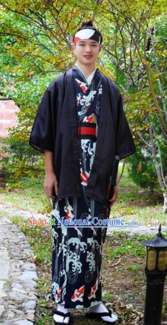 Japanese Traditional Samurai Black Haori Kimono Asian Japan Handmade Warrior Yukata Costume for Men