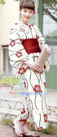 Japanese Traditional Handmade Printing White Kimono Dress Asian Japan Geisha Yukata Costume for Women