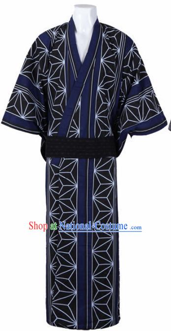 Japanese Traditional Samurai Printing Navy Kimono Asian Japan Handmade Warrior Yukata Costume for Men