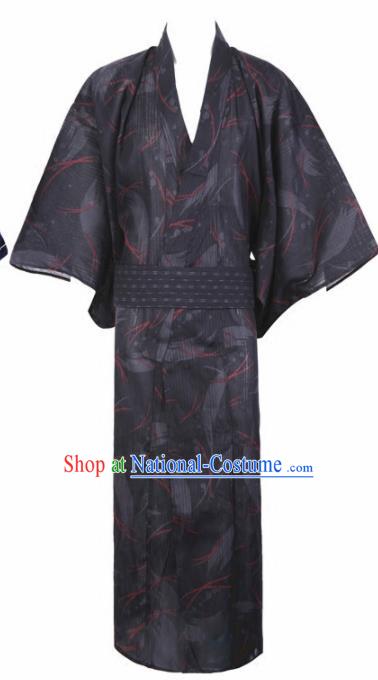 Japanese Traditional Samurai Printing Deep Grey Kimono Asian Japan Handmade Warrior Yukata Costume for Men