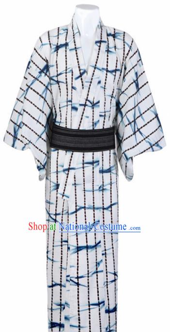 Japanese Traditional Samurai Printing Bamboo White Kimono Robe Asian Japan Handmade Warrior Yukata Costume for Men