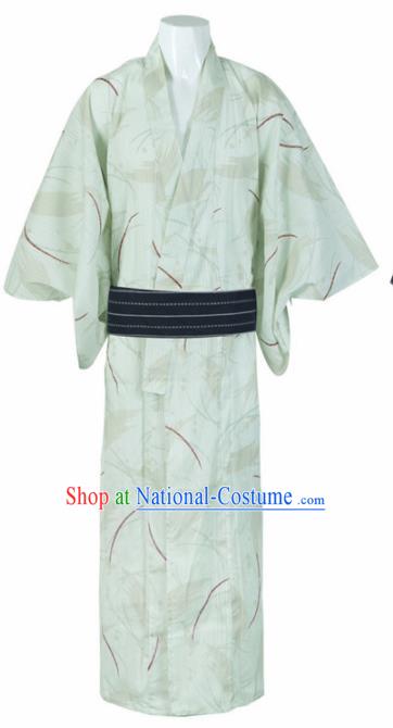 Japanese Traditional Samurai Printing Green Kimono Robe Asian Japan Handmade Warrior Yukata Costume for Men