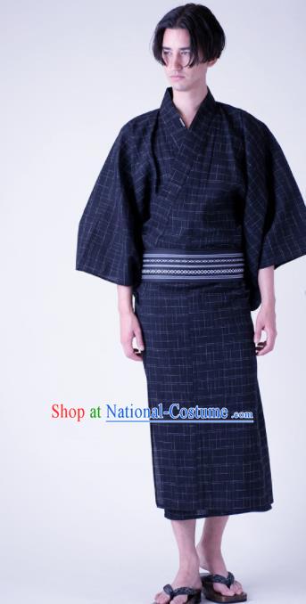 Traditional Japanese Samurai Navy Veil Kimono Robe Asian Japan Handmade Warrior Yukata Costume for Men