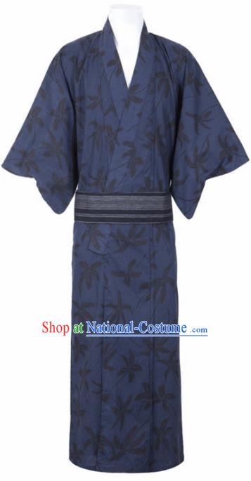 Traditional Japanese Samurai Printing Flowers Navy Kimono Robe Asian Japan Handmade Warrior Yukata Costume for Men