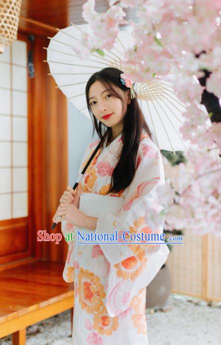 Japanese Traditional Handmade Printing Sunflowers White Kimono Dress Asian Japan Geisha Yukata Costume for Women