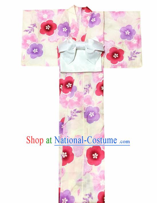 Japanese Traditional Handmade Printing Yellow Kimono Dress Asian Japan Geisha Yukata Costume for Women