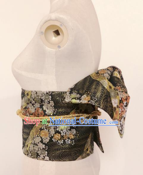 Japanese Traditional Handmade Black Brocade Kimono Belts Asian Japan Geisha Yukata Waistband for Women