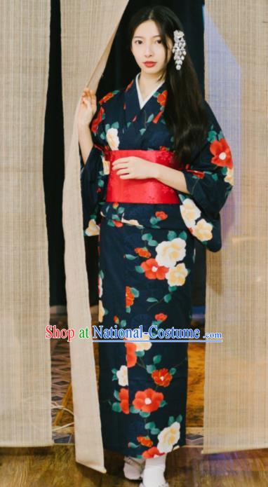 Handmade Japanese Geisha Printing Black Kimono Dress Asian Japan Traditional Yukata Costume for Women