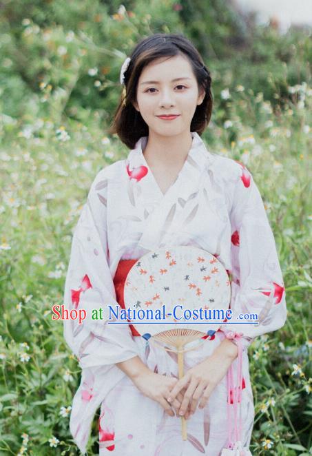 Handmade Japanese Geisha Printing Goldfish White Furisode Kimono Dress Asian Japan Traditional Yukata Costume for Women