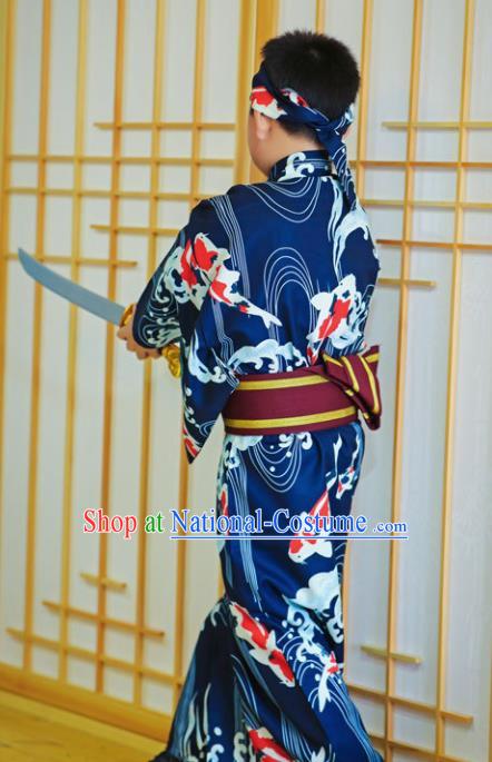 Japanese Traditional Handmade Kimono Asian Japan Boys Printing Navy Yukata Costume for Kids