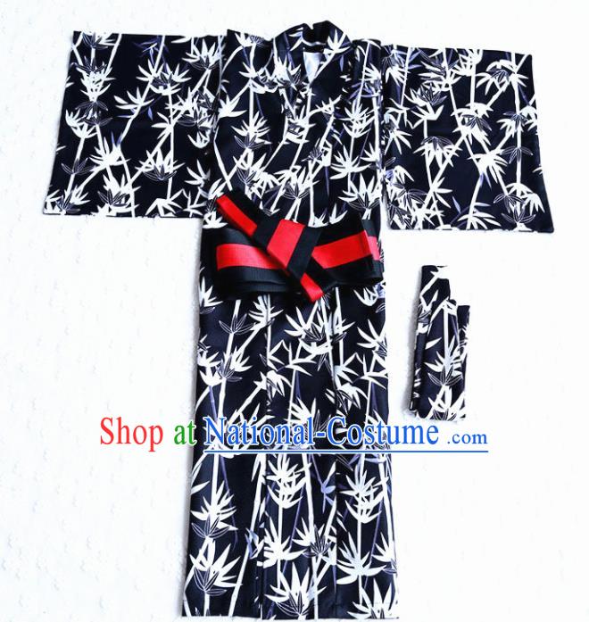 Japanese Traditional Handmade Kimono Asian Japan Boys Printing Bamboo Navy Yukata Costume for Kids