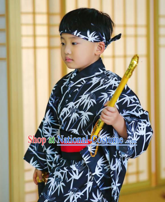 Japanese Traditional Handmade Kimono Asian Japan Boys Printing Bamboo Navy Yukata Costume for Kids