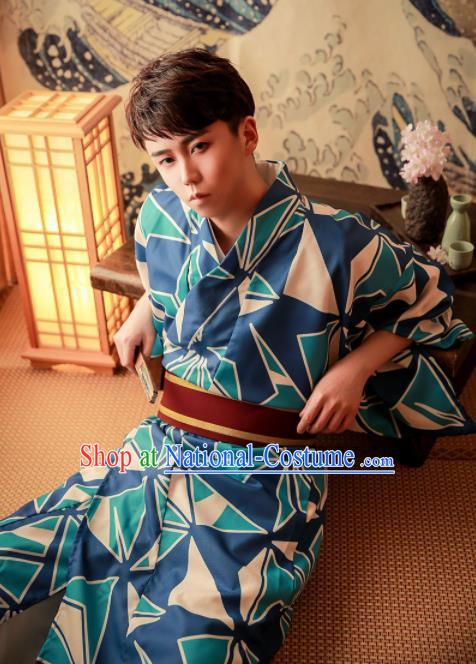 Japanese Traditional Handmade Kimono Asian Japan Blue Yukata Costume for Men