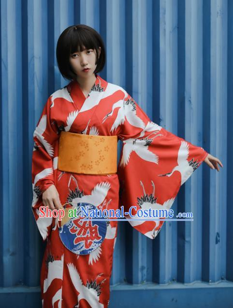 Japanese Traditional Handmade Furisode Kimono Red Dress Asian Japan Geisha Yukata Costume for Women