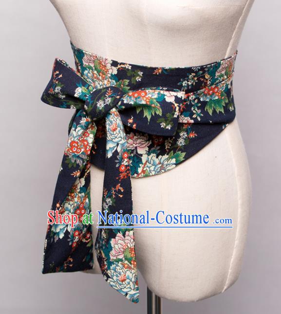 Japanese Traditional Handmade Kimono Belts Asian Japan Geisha Yukata Navy Brocade Waistband for Women