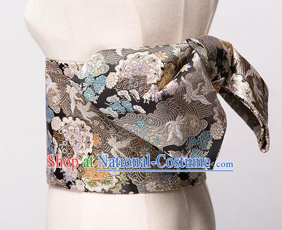 Japanese Traditional Handmade Kimono Belts Asian Japan Geisha Yukata Black Brocade Waistband for Women