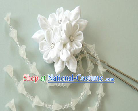 Japanese Traditional Kimono White Sakura Tassel Hairpins Handmade Japan Geisha Hair Accessories for Women