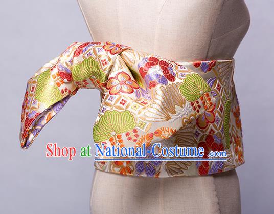 Japanese Traditional Handmade Kimono Embroidered Belts Asian Japan Geisha Yukata Beige Brocade Waistband for Women